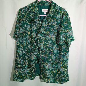 Women’s Green Floral Ruffle Blouse – Short Sleeve Vintage Style Top